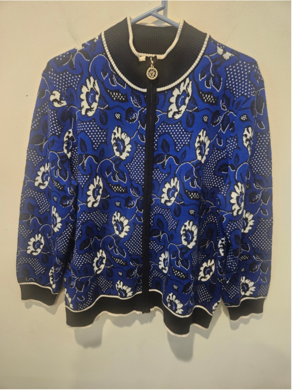 Women's Anne Klein Floral Zip-Up Cardigan Sweater Blue Black White Size XL